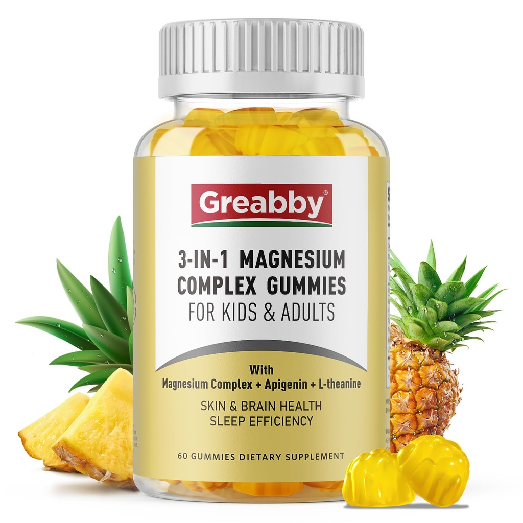 Triple Magnesium Complex Gummies - 800 mg Magnesium Glycinate & Citrate, Apigenin & L-Theanine, lapsille ja aikuisille, luonnollisesti nukkuvat ja lihaskramppeja (60 kreivi)