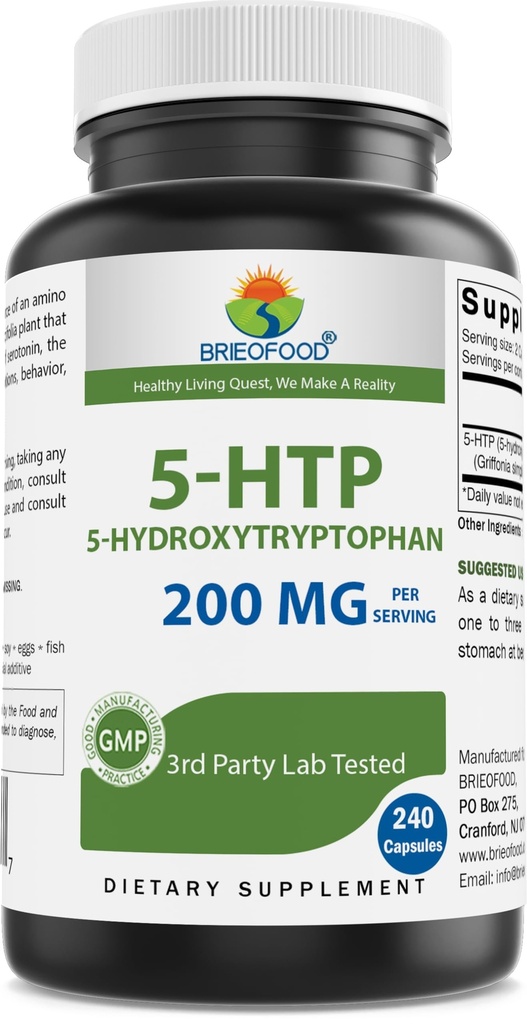 Brieofood 5- HTP 200mg per Serving - 240 kapselia - 5-Hydroksitryptofaani terve Relaksaatio - 3rd Party Lab testattu