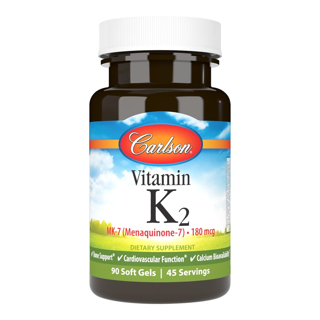 Carlson - K2-vitamiini MK-7 (Menakinoni), 180 mikrog, luutuki, kalsiumin biologinen hyötyosuus, K2-vitamiini, K-2-vitamiini, 90 Softgelia