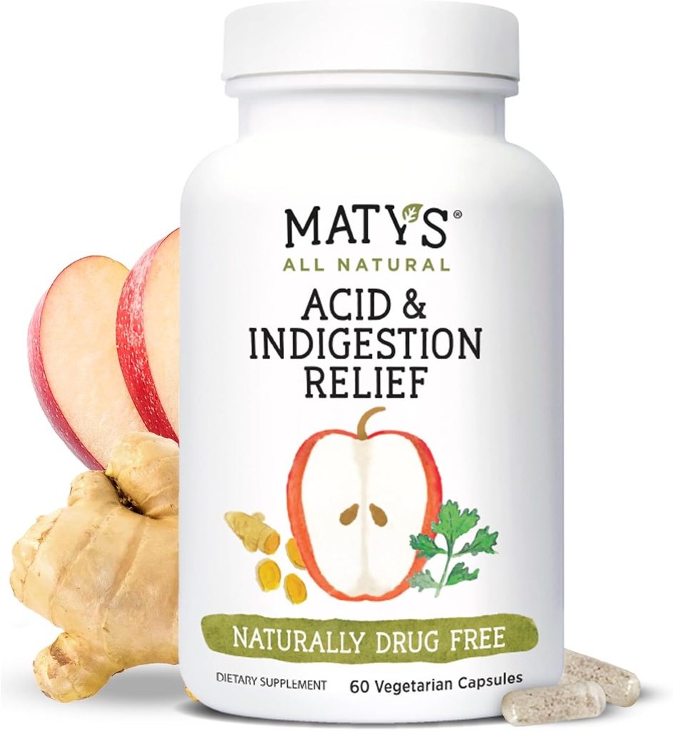 Matys Acid & Indigestion Relief Capsules, Safe Antasidi Vaihtoehtona satunnaiselle happorefluksille ja närästykselle, Valmistettu omenasiideriviinillä, soijalla ja Gluteenittomalla kasvissyöjäkapselilla, 60 kreivi, 30 tarjoilua