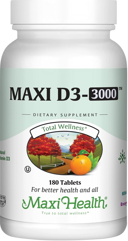 Maxi Health Vitamin D3 3000 IE 75 mcg Vitamin D Supplement for Healthy Bones, Teeth, Immune Support - VIT D3 Supplement Easy to Swallow Non-GMO, Supplement for Men and Women - Kosher (180 tabletter)