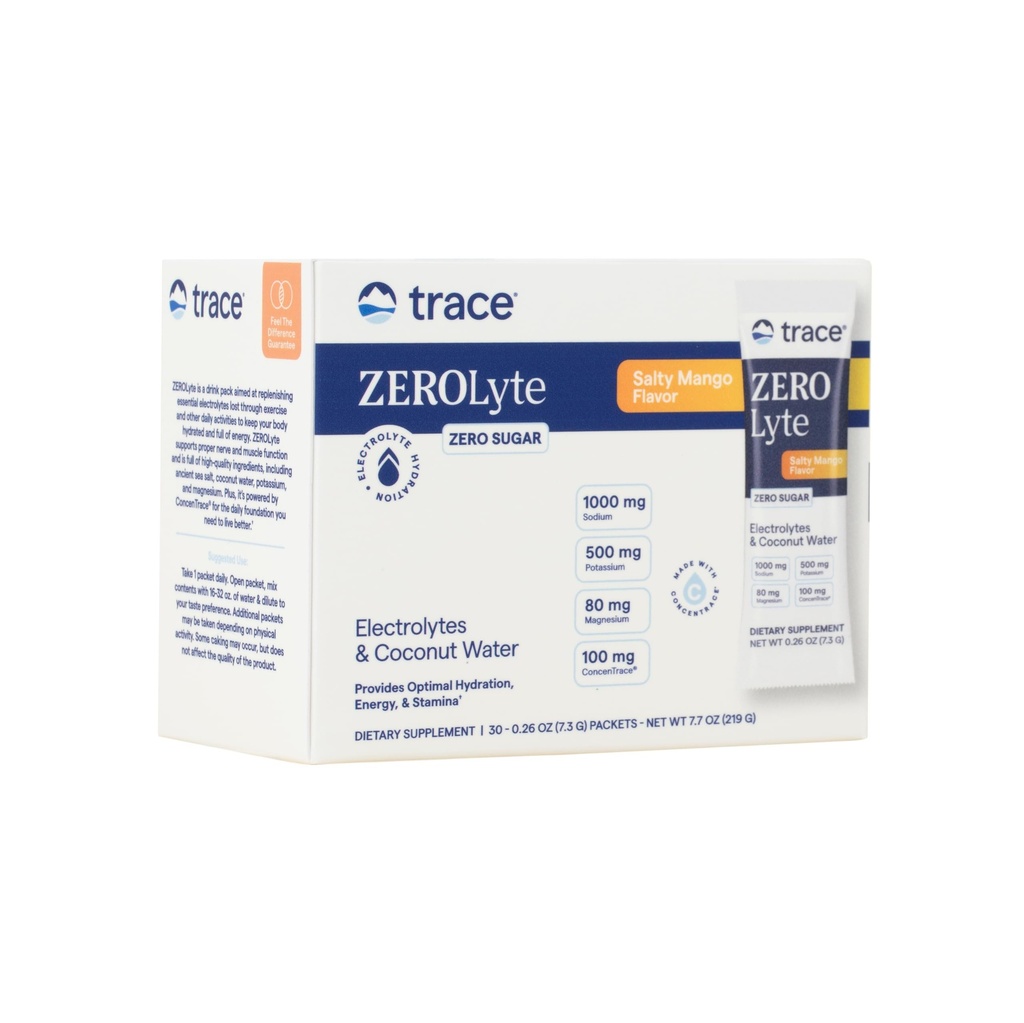 Trace Minerals ZeroLyte - Drink Mix Powder Supports Hydration & Energy - Aids Terve hermojen ja lihasten toiminta - Tuki sydämen ja ruokahalun terveys - Suola mango, 30 Packets (30 tarjoilua)