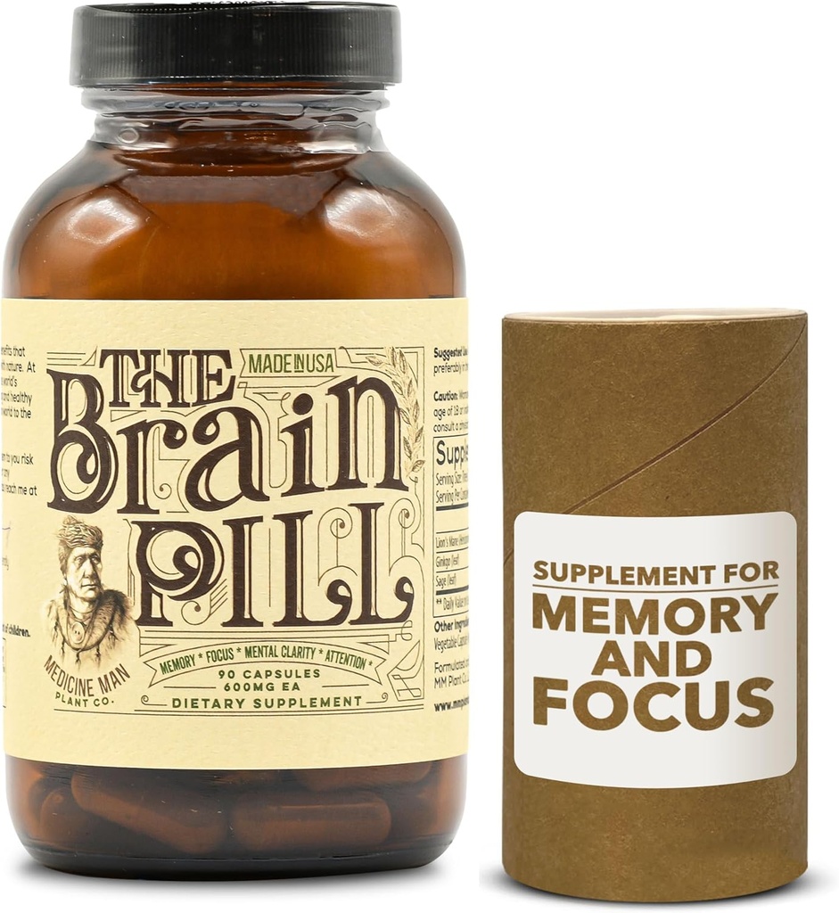 Aivopilleri 90 kapselia . Organic Brain Booster täydennysosa - Muistipillerit aivoihin w/ Ginkgo Biloba kapselit, leijonat Mane & Sage - Brain Booster täydentää Focus, muisti, selkeys, energia