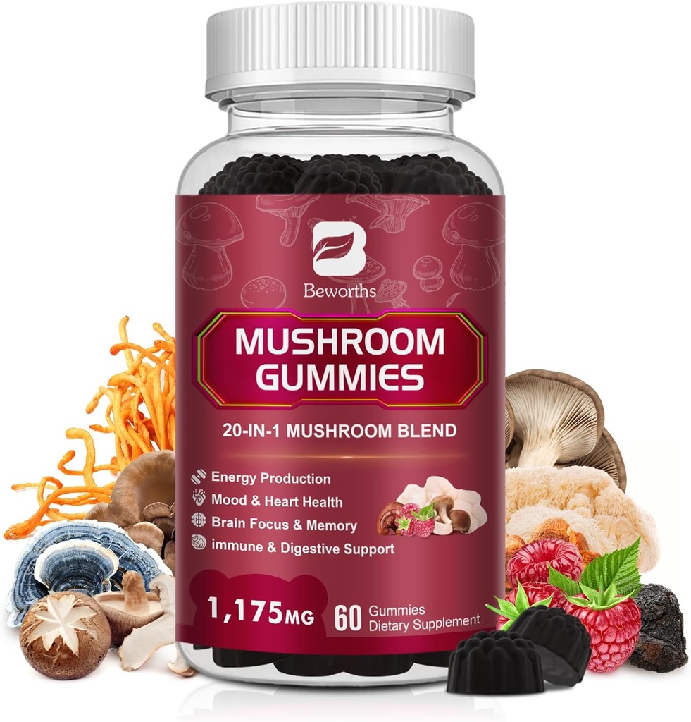 Mushroom Gummies, 20 in 1 Lions Mane Mushroom Complex täydentää Reishi, Chaga, Cordyceps & enemmän aikuisten, tuki aivojen, keskittyä, kognitiivinen & immuuni terveys, Vegan, Vadelma maku, 60 Count