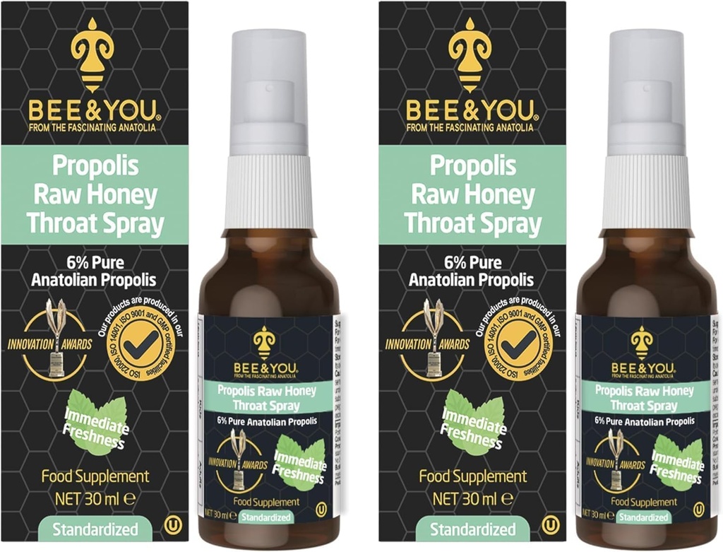 Bee och You Raw Honey Throat Spray, 100% Pure Propolis Extract, Immune Support, Sore Throat & Congestion Relief, Oral Health, Antioxidanter, Natural, Keto, Paleo, Gluten-Free | 1 FL Oz (Pack of 2)