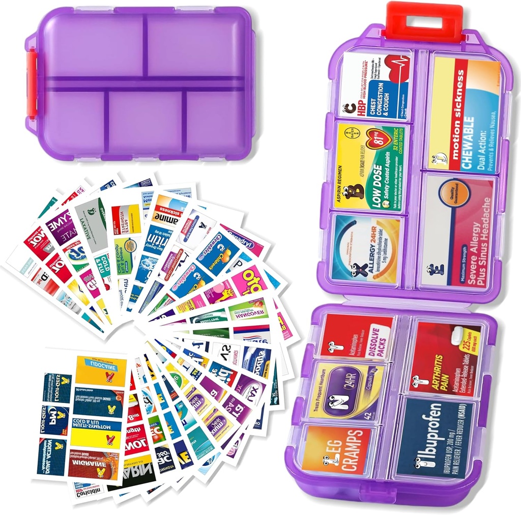 Pill Organizer med Medicine Labels Travel Daily Pill Container Mini Medication Organizer Storage Pill Organizer Travel Essentials Pill Case 7 Day (Purple & 161 Lables)
