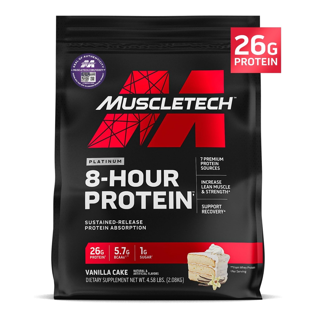 MuscleTech Platinum 8-tuntinen proteiinijauhe - 7 Premium proteiinin lähteet Whey & Casein Protein lisääntynyt lean lihasten, vahvuus ja parantunut elpyminen - Vanilla kakku, 50 tarjoilua