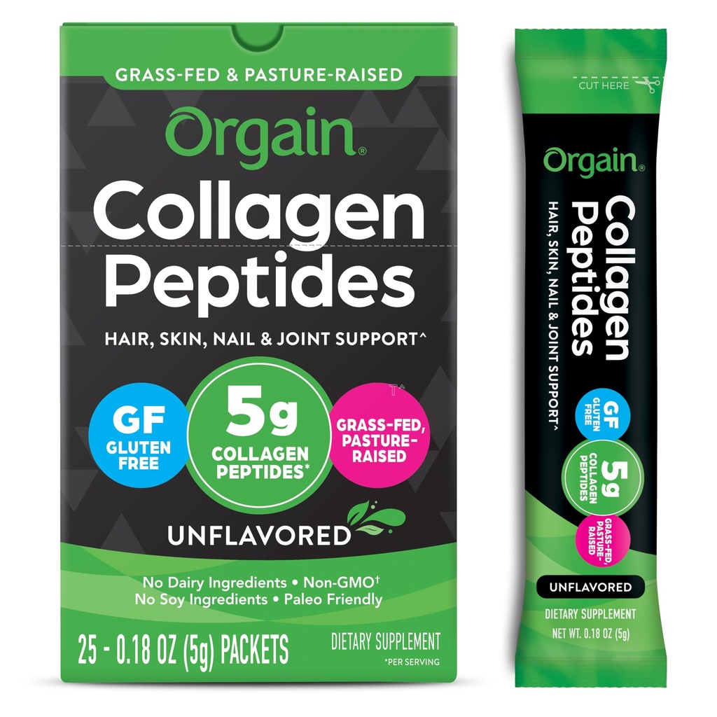 Orgain Hydrolyzed Collagen Peptides Travel Packets Naisten ja miesten - 5g Grass Fed Collagen Per Serving, Hiukset, iho, kynsien ja nivelten tuki täydentää, ei-GMO, tyyppi I & III - makuamaton (25 Count)