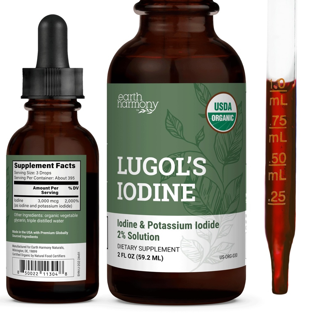 Organic Lugolin jodi, jodi ja kalium Iodide 2% Solution 3000 mikrog - Liquid Supplement Drops Kilpirauhasen tukea naisille ja miehille, aineenvaihdunta terveys, Detox Boost - ei-GMO, 395 Servings (2 Oz)