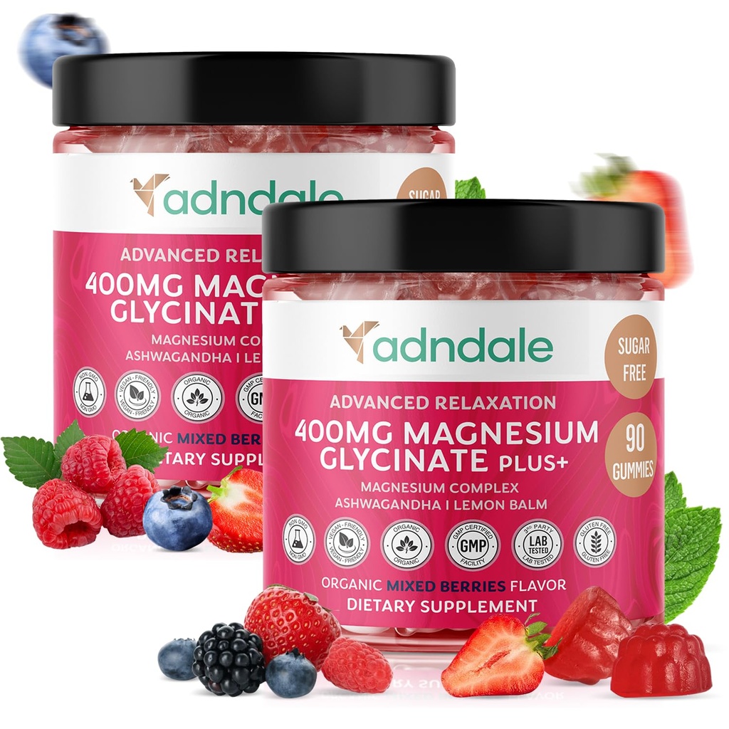 Adndale 180 CT Magnesium Glycinate Gummies 400 mg/Serv, Ashwagandha, Magnesiummalate & Taurate, sokeriton purukumi aikuisille ja lapsille.