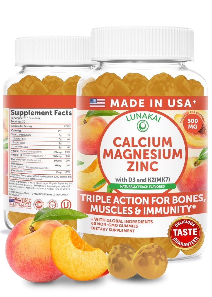 Lunakai USA Made Calcium Magnesium Zinc Gummies with Vitamin D3 & K2, 60ct