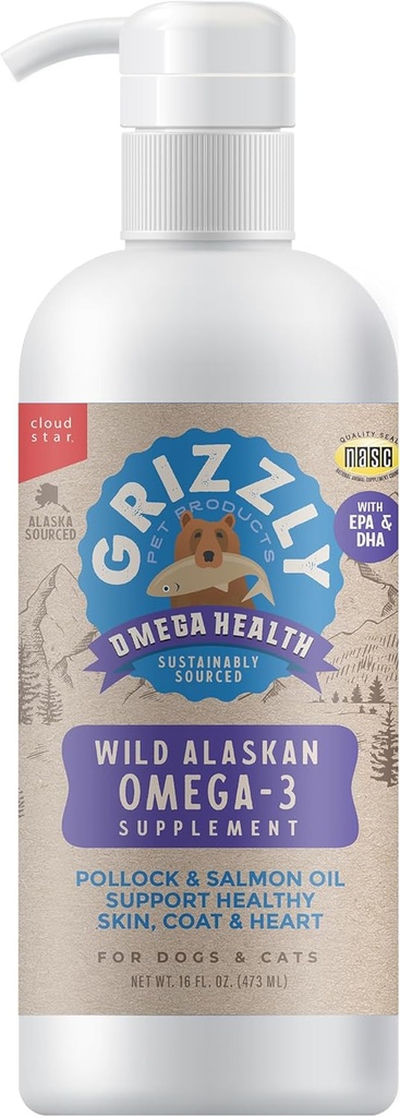 Grizzly Pet Tuotteet Omega Health Liquid Omega-3 täydennysosa koirille ja kissoille, 16 Ounce pullo