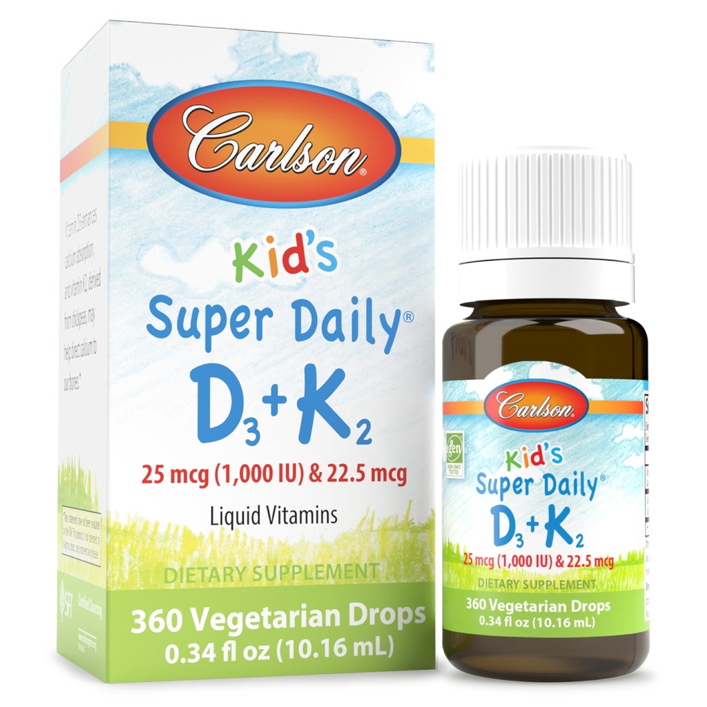 Carlson - Kid's Super Daily D3+K2, 25 mcg (1 000 IE) D3 & 22.5 mcg K2, Vitamin D Drops med Vitamin K2, Liquid Vitamins, 1000 IE Vitamin D3, Heart & Bone Health, 1-årig Supply, Unflavored, 360 Drops