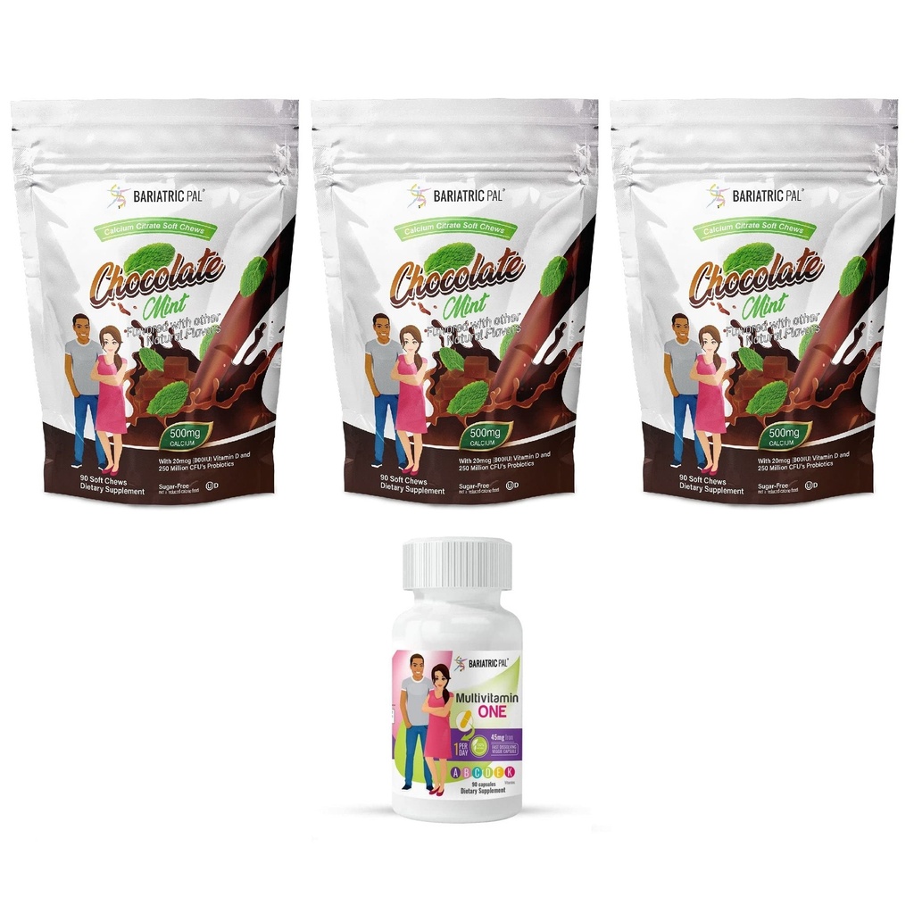 BariatricPal 90-dagars bariatrisk vitamin Bundle (Multivitamin EN 1 per dag! Kapsel med 45mg järn och Calcium Citrate Soft Chews 500mg med probiotika - Chocolate Mint)