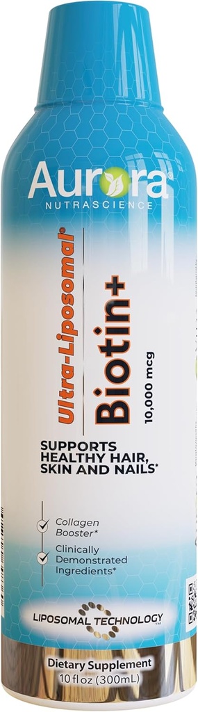 Aurora Nutrascience Ultra-Liposomal Biotin 10 000 mcg Collagen Booster Supplement, stöder hälsosamt hår, hud och naglar, Caramel smak, 30 portioner, 10 fl oz