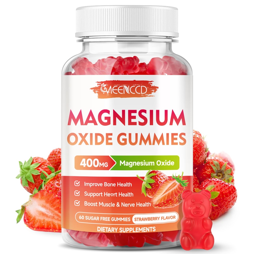 Magnesiumoksidi Gummies 400 mg, purutabletti täydentää aikuisille ja lapsille, hermojen ja lihasten tuki, ei-GMO, sokeriton, mansikka maku 60