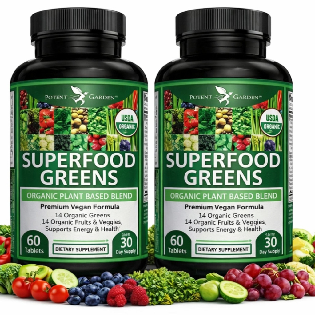 Potent Garden 2-pack Organic Superfood Vihreät, hedelmät ja kasvisravinteet Rikas vitamiineja ja antioksidantteja Alfalfa, Beet Root & Tart Cherry lisätä energiaa, immuniteetti & Gut Health, 120 Ct