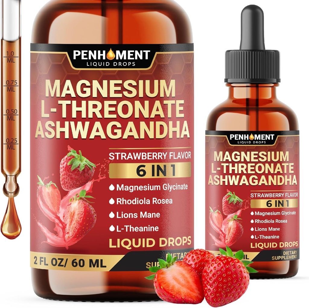6in1 Magnesium L-treonaattinestetippa Ashwagandha, magnesium Glycinate ja 3 Lisää - Aivojen tuki ja immuuni - 2 Fl Oz 30 päivää - mansikan maku