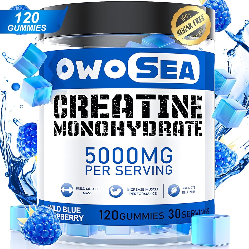 Kreatinmonohydrat Gummies för män och kvinnor 5000mg Kreatinmonohydrat per portion för muskelstöd Energiökning 120 greve Chewable 5g Kreatin Supplement Sugar Free Vegan (1 Pack, Blue Raspberry)