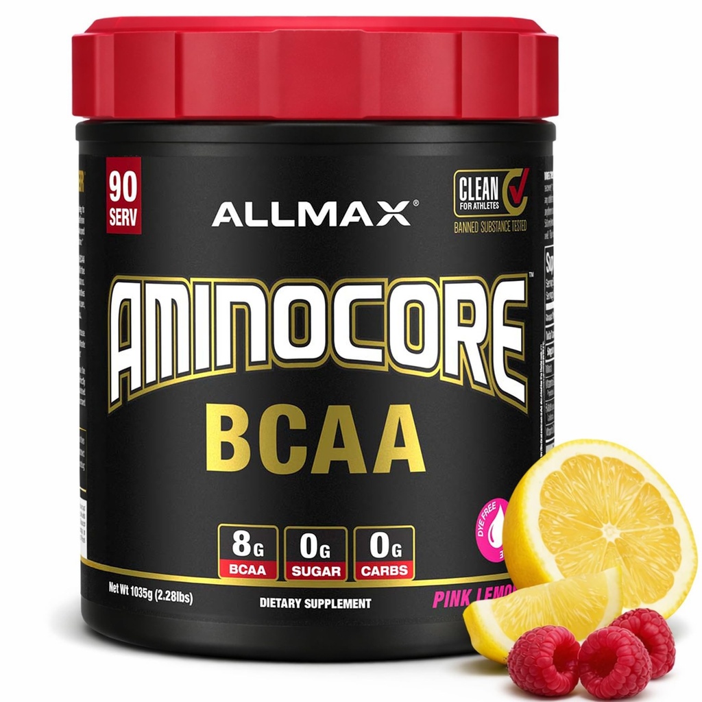 ALLMAX Nutrition AMINOCORE BCAA, Pink Limonade - 945 g Jauhe - 8,18 Grams haaraketju Amin Acids per Serving - B-vitamiinit - Ei täytettä tai non-BCAA Aminos - Sokeriton - 90 Tarjoilut