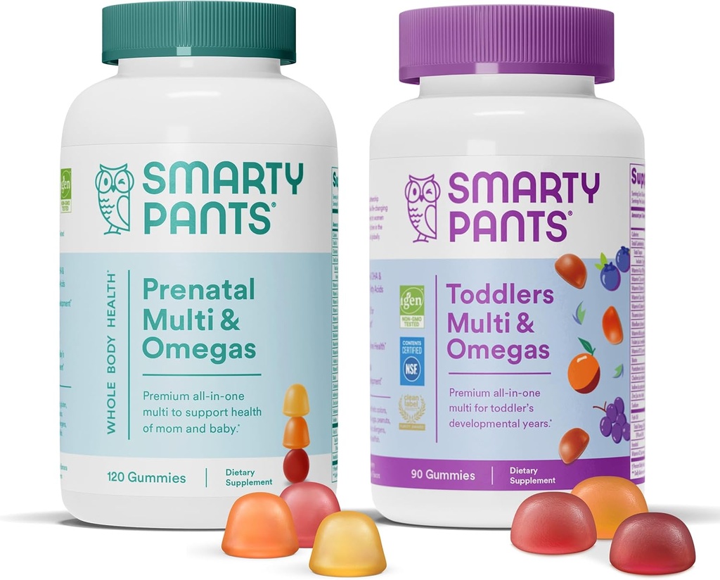 SmartyPants Prenatal and Toddler Multivitamiini Gummies Bundle: Omega 3 Fish Oil (EPA/DHA), Biotiini, Metyylifolaatti, D3-vitamiini, C-vitamiini, B12, B6, A-vitamiini, K & Sinkki immuunitukeen (30 päivän tarjonta)