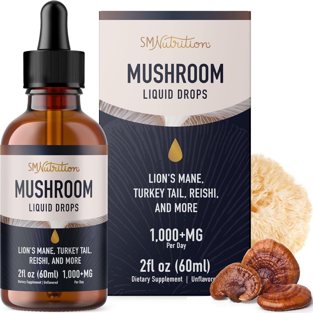 Mushrooms Liquid Drops Complex | Lions Mane Supplement med Turkiet Tail Mushroom, Reishi, Shiitake & More | Stöd kognitiv funktion, minne och fokus | Non-GMO, Soy-Free | 2 Fl Oz, 60 portioner