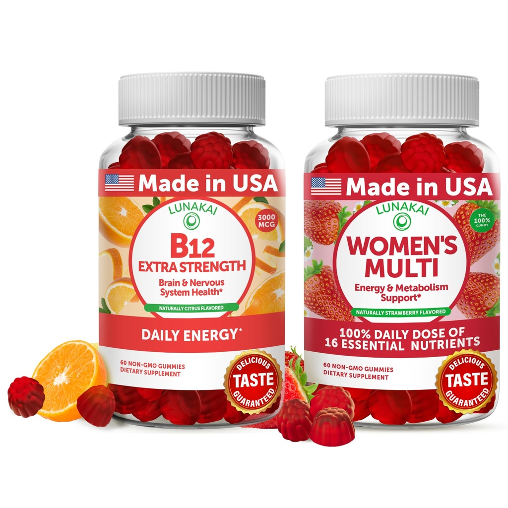 Lunakai B12-vitamiini ja naisten monivitamiinitypyjä Bundle - 3000 mcg Metyylicobalamiini Korkea Imeytyminen Energia Gummy - 100% päivittäinen arvo 16 välttämättömiä vitamiineja ja kivennäisaineita täydentää - 30 päivän tarjonta