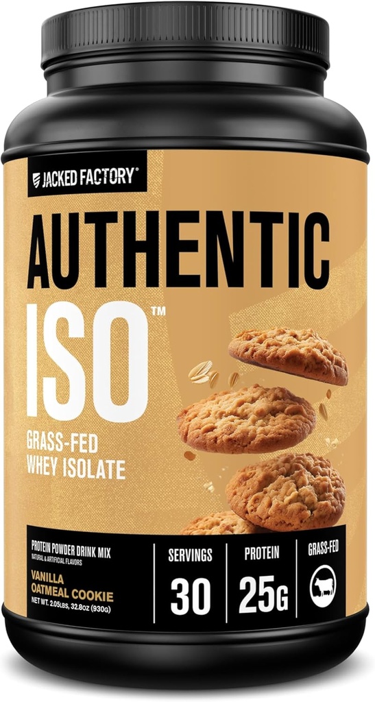 Jacked Factory Authentic ISO Grass Fed Whey Protein Isolate Powder - Low Carb, Non-GMO Muscle Building Protein w/No Fillers, Post Treout Recovery, Vanilla Kaurakeksi
