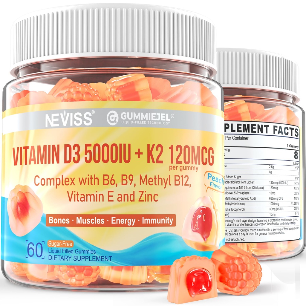 D3-vitamiini 5000IU + K2 (MK-7) 120mcg, sokeriton D3-vitamiini K2 täytetyt tytöt B-vitamiinikompleksi - Metyyli B12, B9, B6 B6-vitamiini E & Sinkki, MCT-öljy - tukee luun ja hampaiden vahvuutta, immuuni, 2PACK
