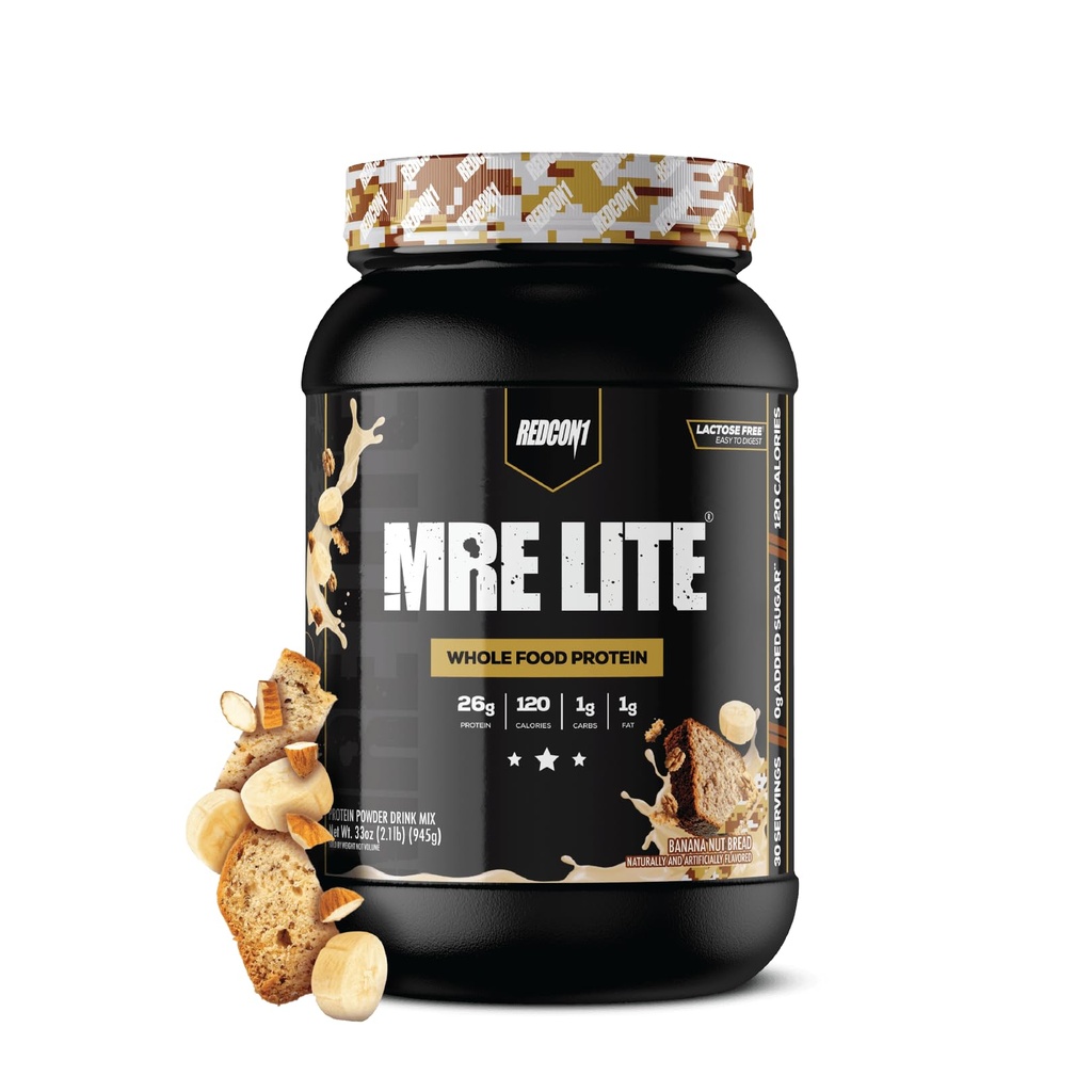 REDCON1 MRE Lite Whole Food Protein Powder, Banana Nut Bröd - Low Carb & Whey Free Meal Replacement med Animal Protein Blends - Lätt att Digest Supplement Made med MCT Oils (30 portioner)
