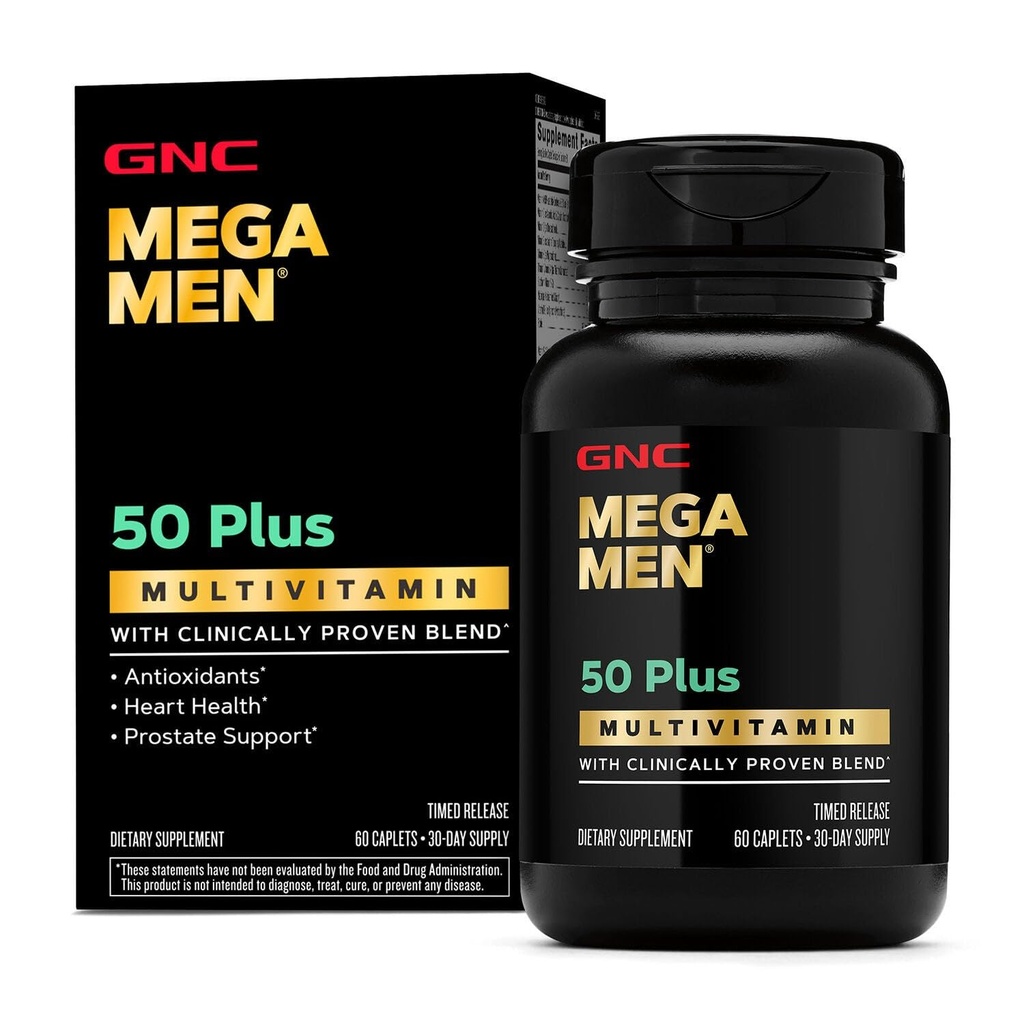 GNC Mega Men 50 Plus Multivitamiini Caplets, kliinisesti todistettu, Heart & Prostate Health, B-vitamiinit, Saw Palmetto, muisti, D- 3, 60