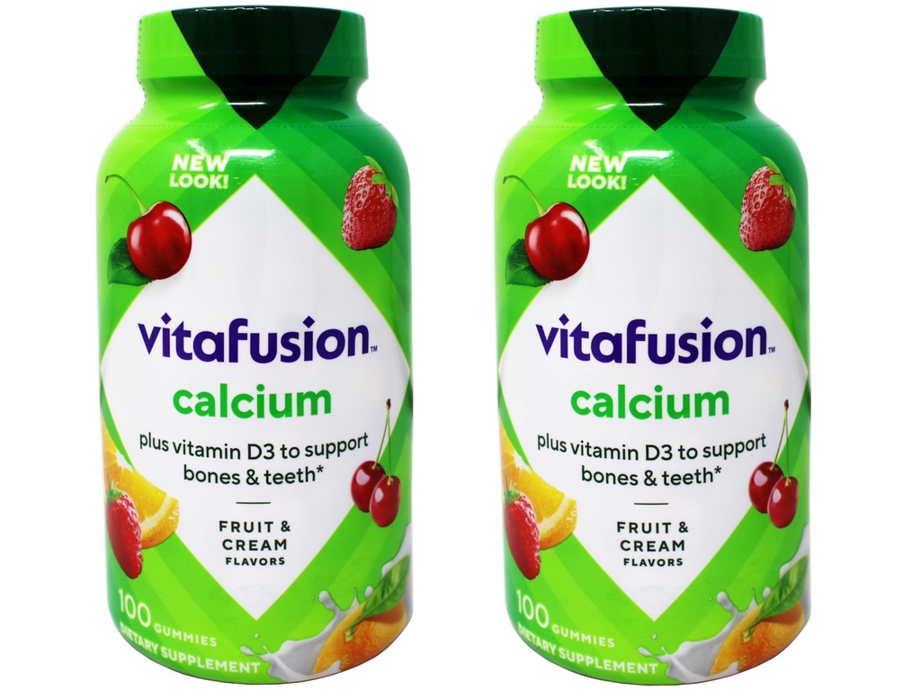 VitaFusion Kalsium 500 mg ravintolisä Gummies Natural Fruit and Cream makuja - 100 ct, pakkaus 2