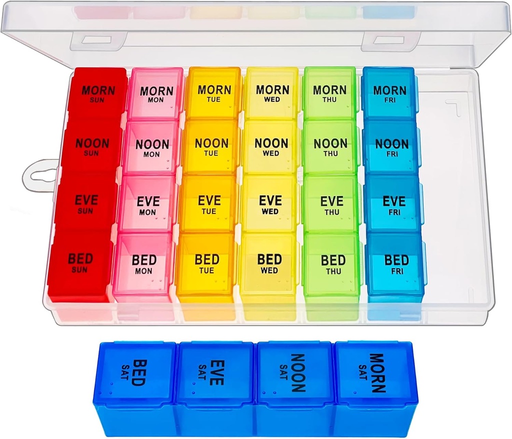 Viikoittain pilleri Organizer 4 Kertaa päivässä, Lääke Järjestäjä Box, Matkustaa päivittäin pillerilaatikko Järjestäjä 7 Päivä, Pilleri tapauksessa, Pillerisäiliö haltija Hold Vitamiinit / Kalan öljyt.