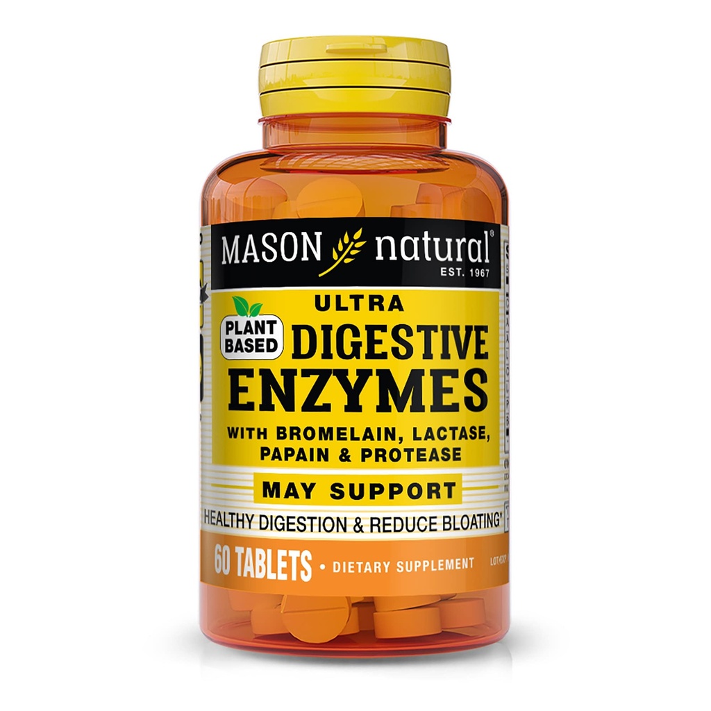 MASON NATURAL Plant Baserat Ultra Digestive Enzymes med Bromelain, Lactase, Papain & Protease - Stöder Hälsosam Digestion & Kan Minska Bloating, 60 kapslar