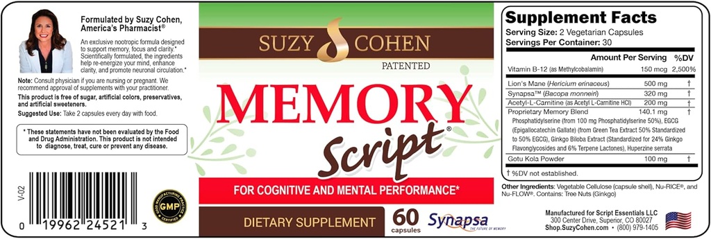 Suzy Cohen Memory Script med Lions Mane, Phosphatidylserine, Green Tea Extract och Ginkgo - Brain Support Supplement för Focus - Nootropic Capsules för kognition, snabbare återkallelse och humör