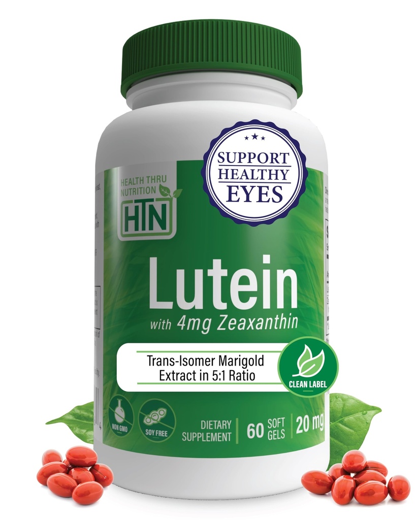 Lutein 20mg med Zeaxanthin 4mg 60 Softgels | All-Trans Marigold Extract i Nature Identical 5:1 Ratio | Stöder hälsosamt öga, hud och hjärna | Non-GMO Soy & Gluten Free | av Health Thru Nutrition