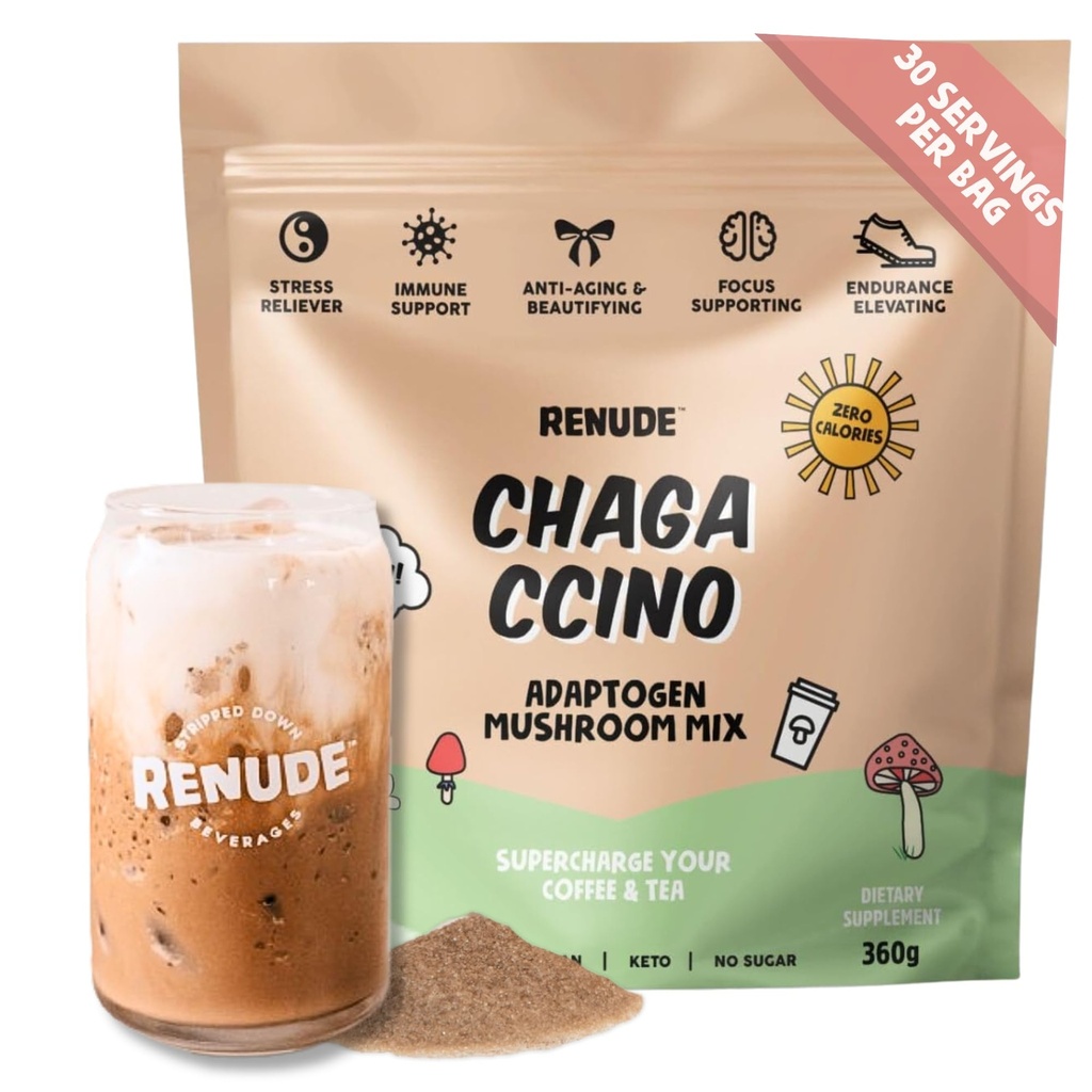 Renude Chagaccino - Chaga Mushroom Powder, Mushroom Coffee Drink Mix med adaptogener, naturlig energi och immunstöd, Vegan, Keto, Zero Calorie Mushroom Blend Powder - 30 portioner
