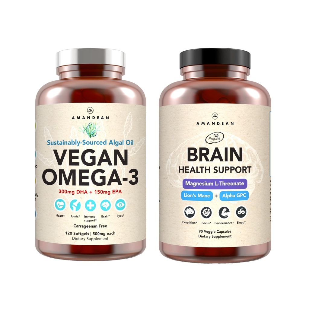 AMANDEAN Brain & Vegan Omega-3 Bundle: Magnesium Threonate, USA-Grown Lion's Mane 6:1, Alpha-GPC & Algae DHA / EPA. Växtbaserade väsentliga fetter för hjärna, ögon, hjärta och hudhälsa. Fiskolja alternativ.