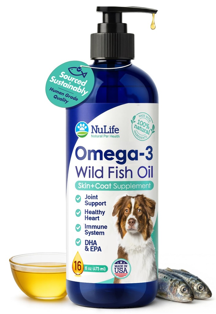 Nestemäinen kalaöljy koirille Omega 3, 6 ja 9 rasvahapot, Wild kiinni Islannista, iho ja takki Supplement sheddding, kutiava iho, allergiat, aivot ja sydän terveys, Rich in EPA + DHA - 16 oz