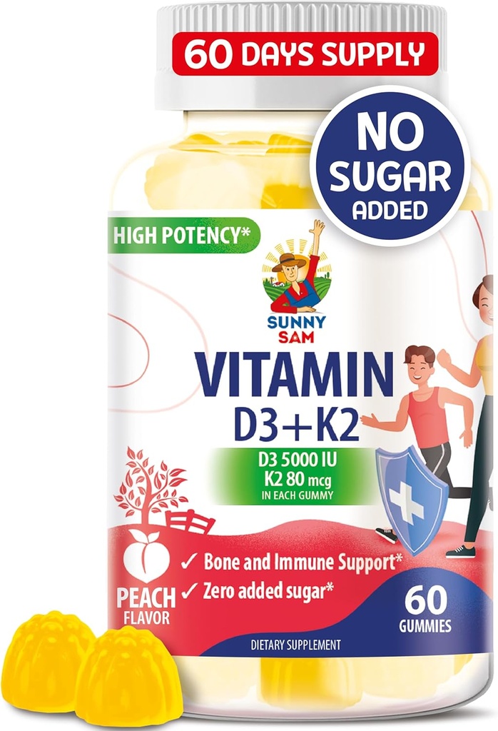 Sokeriton D3-vitamiini K2 Gummies 5000 IU - Immuunit ja luut - D-vitamiinin lisäravinteet aikuisille - Korkea-Absorptio, Vegan, Halal, Gluteenittomat pureskeltavat vitamiinit