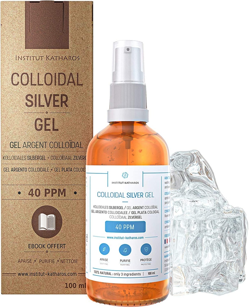 Puhdas kolloidinen hopeageeli 40 PPM • 100% Luonnollinen ja vain 3 Ainesosat • Optimaalinen tekstuuri ja imeytyminen (Better Than Creams) • Amber lasi ja Ultra-Practical Pump • Ebook mukana • Institut Katharos