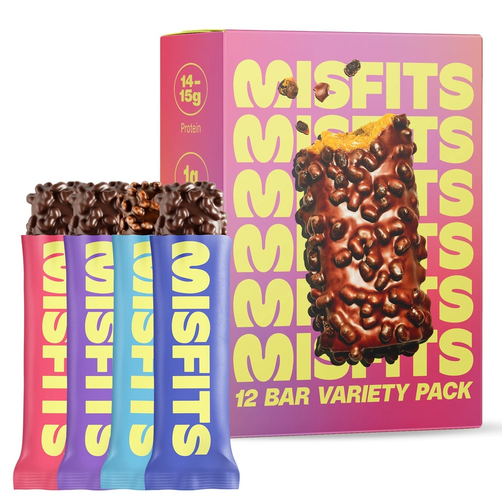 Misfits Protein Bars - High Protein Candy Bars | Gluten Free Plant Based, Low Sugar & Carb, High Fiber Snacks | Variety Pack av 12 (4 smaker)