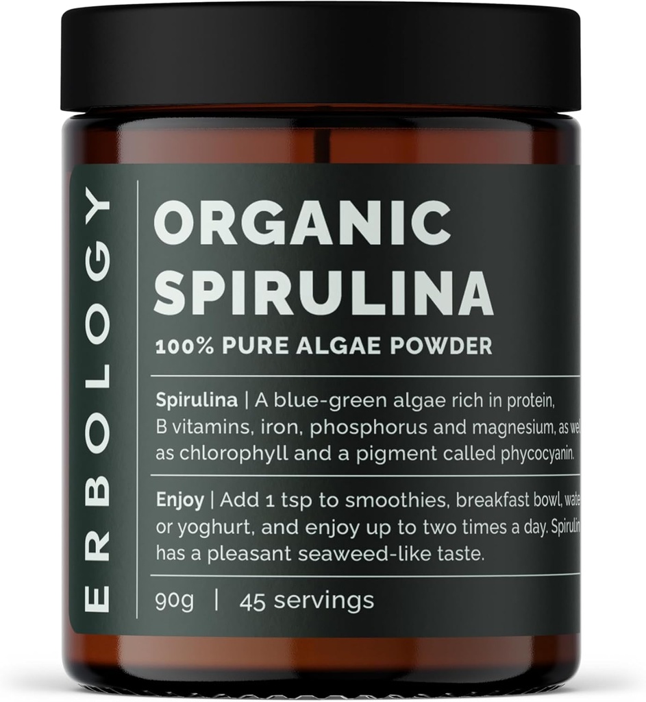 Erbiologia Organic Spirulina Powder 3,2 oz - 45 Servings - kestävästi Lähde Portugalissa - Energia ja immuniteetit tuki - Rikas klorofylli, B-vitamiinit, rauta ja fosfori - Vegaani - GMO-vapaa