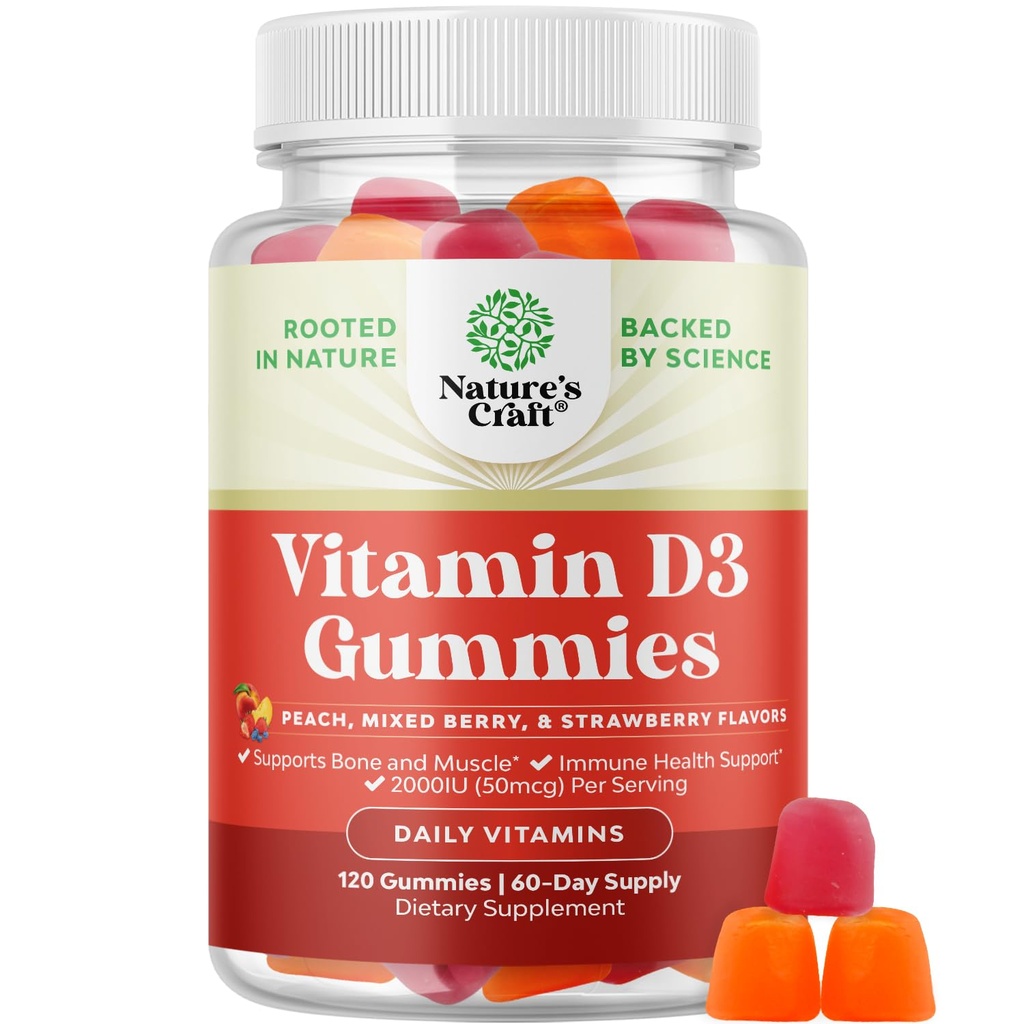 Natures Craft-vitamiini D3 Gummies for Daily Wellness - herkullinen D-vitamiini Gummies for Adults with D3 2000IU per Serving Bone Muscle & Immuno Support - Ei-GMO Liivate & Gluteeniton (60 päivän tarjonta)
