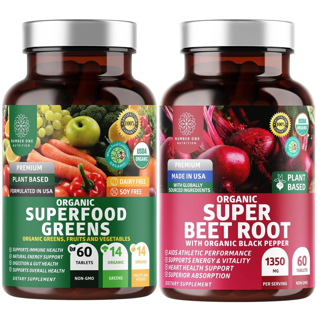 Number One Nutrition N1N Premium ja Luomu Superfood Vihreät ja juurikkaan Tabletit immuniteetin ja antioksidantti tukea, pakattu Alfalfa, Spirulina ja Ohra Grass, 120 tablettia