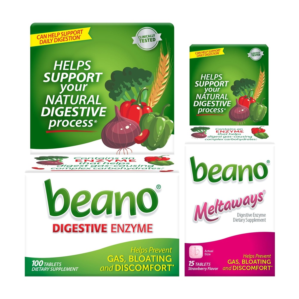 Beano Extra Styrka 100ct & beano Strawberry Meltaways 15ct