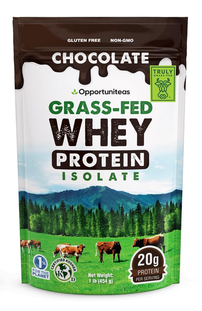 Opportuniteas Grass Fed Chocolate Whey Protein Isolate Powder - 20g Protein Powder ilman keinotekoisia makeuttajia, Hormonivapaa Happy Cows, Non GMO - 1lb