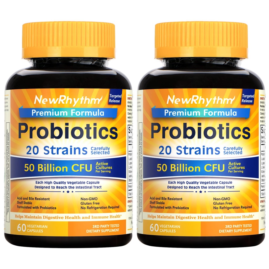 NewRythm Probiootit 50 miljardia PMY 20 kanta, 120 kasviskapselia, Targeted Release Technology, Smach Acid Resistant, Ei tarvetta jääkaappi, ei-GMO, Gluteeniton