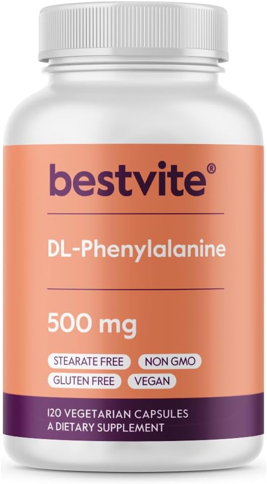 BESTVITE DL- Fenyylialaniini 500 mg (120 kasvissyöjän kapselit) - Ei stearaattia - Ei täyttöaineita - Vegan - Gluteeniton - Ei muuntogeenisiä organismeja