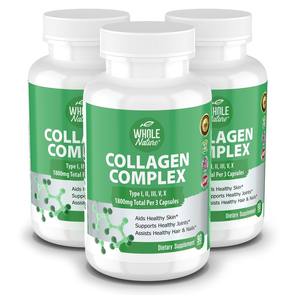 Multi Collagen Protein Peptides Supplement Kapselit - 1800mg Collagen Complex Tyypit I, II, III, V, X - Joint Support, Terve hiukset, iho, kynnet, kauneus vitamiinit, 100% luonnollinen, ei-GMO 270ct (3)